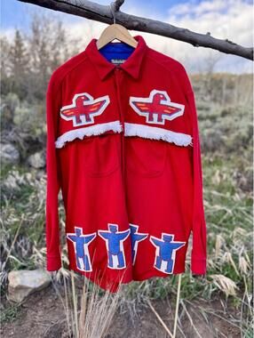 Upcycled Timberland Fleece Western Shirt Fringe Pocket Red Button Down (XXL)